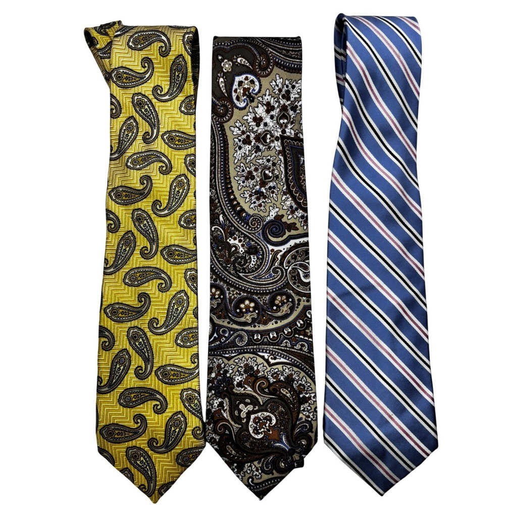 Jos A Bank Mens Silk Tie Bundle 3pc Blue Stripe Yellow Brown Paisley Neckties